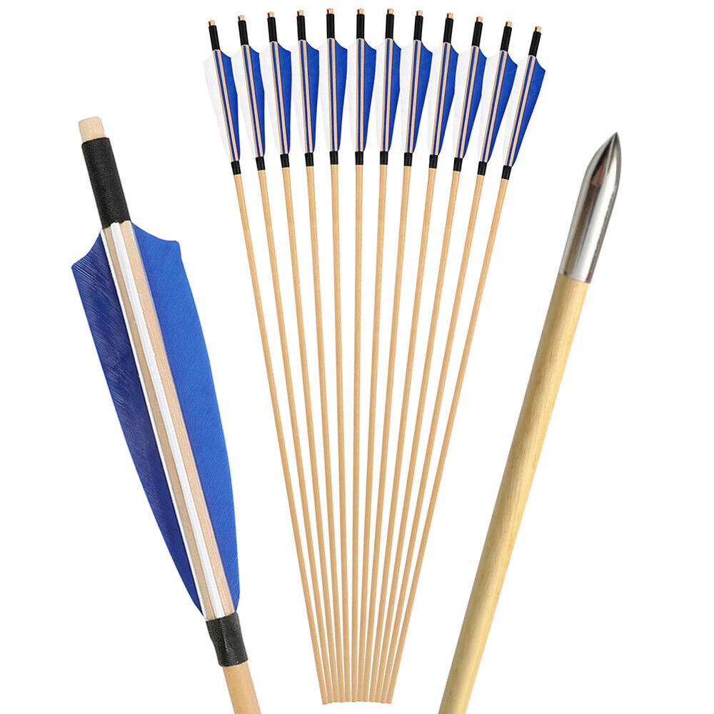 32" Traditional Wooden Arrows 12pcs, 5" Shield Turkey Feather Fletching